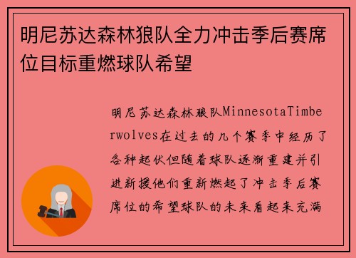 明尼苏达森林狼队全力冲击季后赛席位目标重燃球队希望